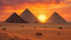 Piraminds illuminated at sunset, showcasing their grandeur and ancient beauty.