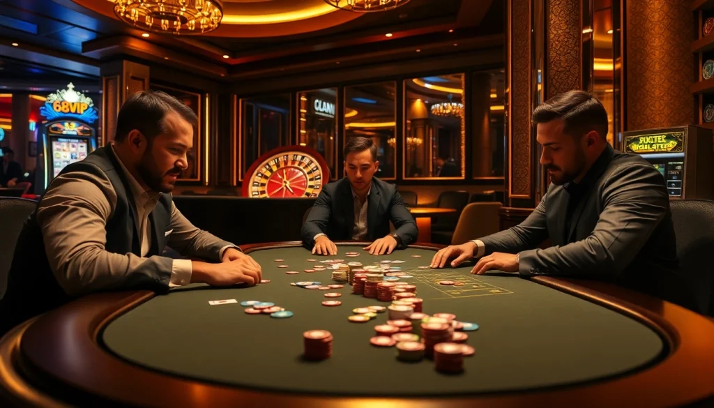 High-stakes poker game at 68VIP casino, showcasing thrilling gameplay with chips and cards.