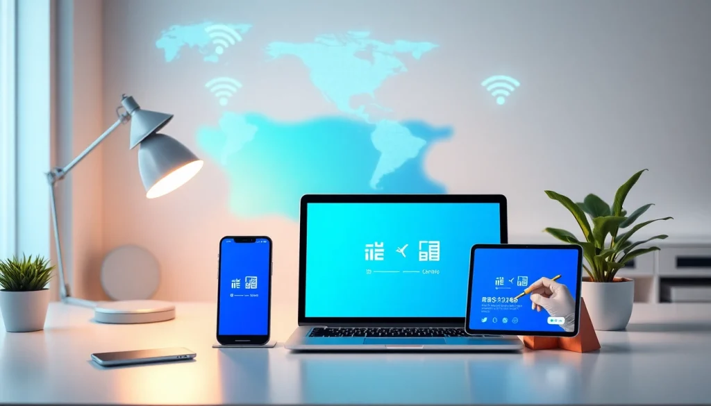 快连下载 app interface displayed across multiple devices in a modern workspace emphasizing global connectivity and technology.