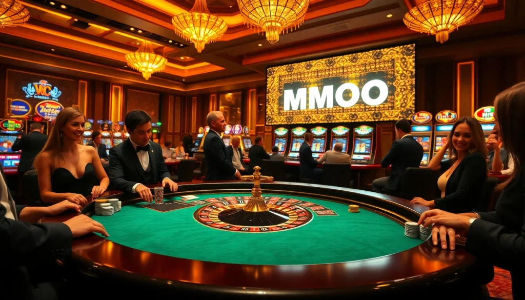 Place your bets at the exciting roulette table in a luxurious casino with MMOO branding.