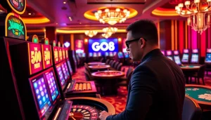 Players enjoying the excitement of online gambling at https://go8f.com/ with dynamic slot machines and tables.