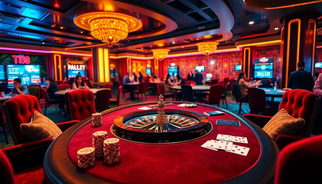 Engage in NK88 gaming excitement at a vibrant casino with plush seating and a roulette wheel.