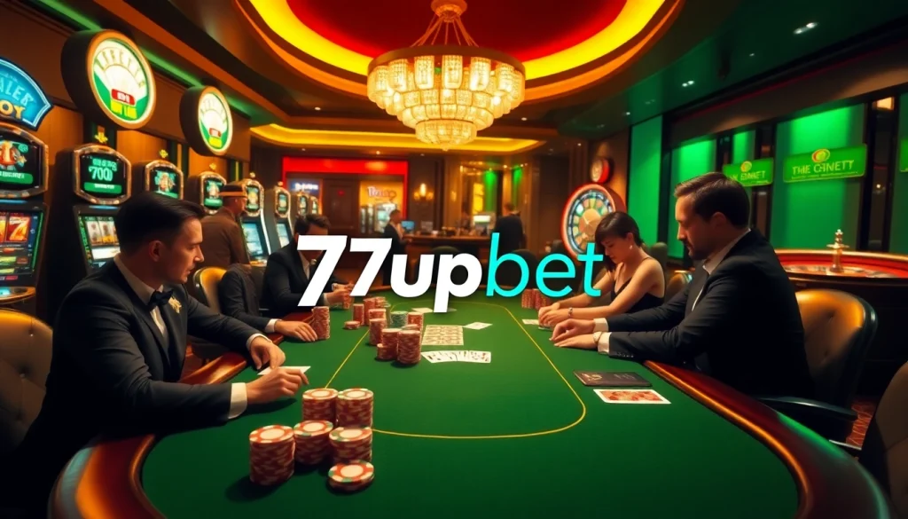 Players enjoying a thrilling game of poker at 7upbet, surrounded by opulent casino elements.