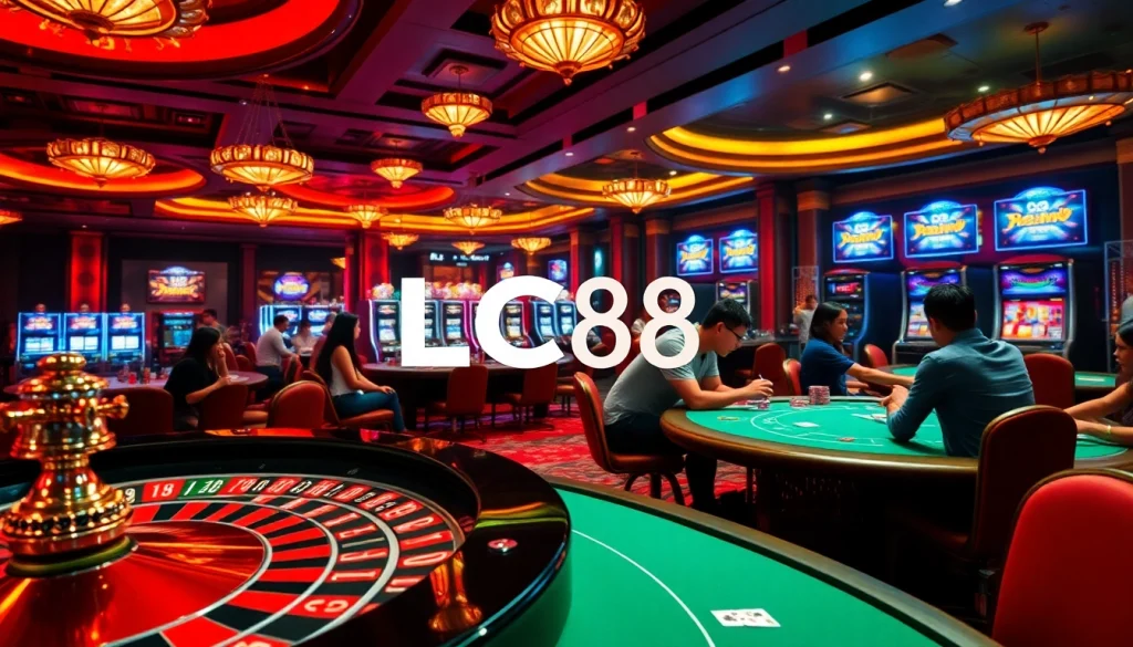 Players engaging in thrilling casino games at LC88, featuring roulette, poker, and vibrant slot machines.