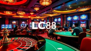 Players engaging in thrilling casino games at LC88, featuring roulette, poker, and vibrant slot machines.