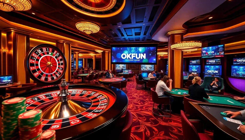 Experience thrilling games at OKFUN casino with vibrant roulette wheels and poker chips.
