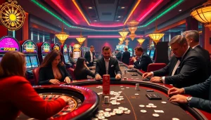 KJC gamblers enjoying a lively casino atmosphere at roulette tables with vibrant slot machines.