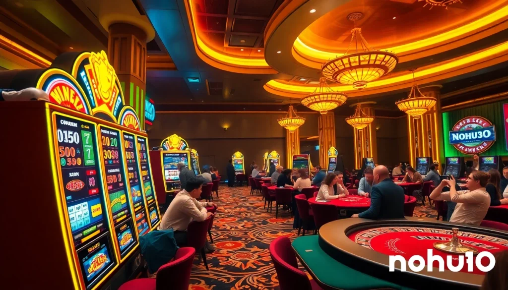 Nohu90 players enjoying an exciting slot game experience in a vibrant casino atmosphere.