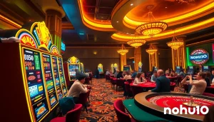 Nohu90 players enjoying an exciting slot game experience in a vibrant casino atmosphere.