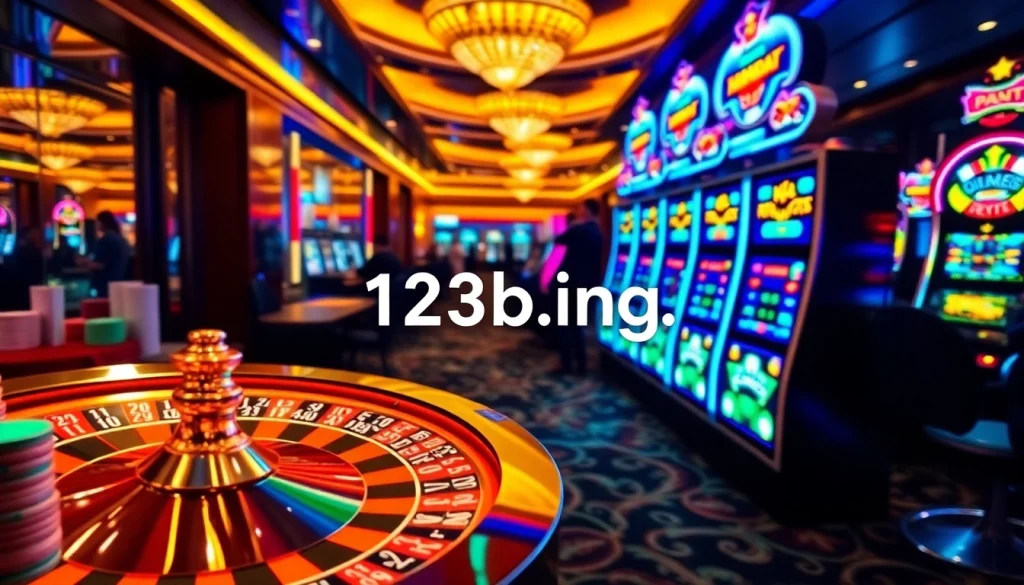 A gambler wins at 123b.ing, showcasing excitement with casino tables and vibrant slot machines.