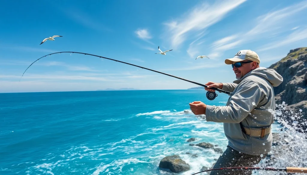 Savvy angler in action during saltwater fly fishing at a coastal cliffside, highlighting the art of the cast.