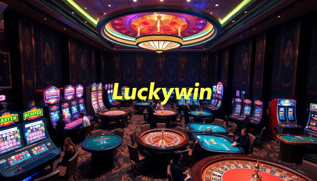 Players winning at Luckywin casino games surrounded by luxurious decor.