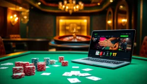 Players enjoying the excitement of 6L777 with poker chips and cards at a luxurious casino table.