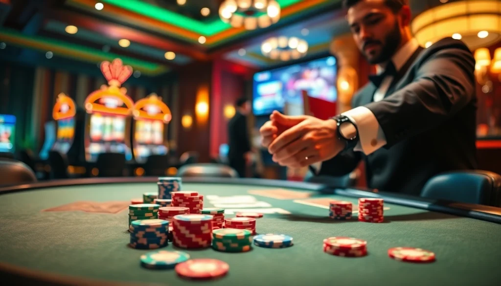 Engage in thrilling poker action at https://vaoluoitv.it.com with a vibrant casino backdrop, showcasing expert gameplay.