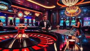 Players engaging in thrilling online gambling at DEBET, showcasing vibrant roulette tables and luxury elements.
