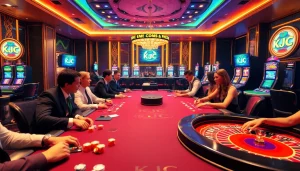 KJC members enjoying an upscale casino experience at vibrant gaming tables with poker chips and roulette wheels.