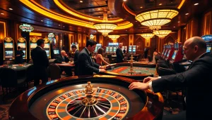 Xôi Xoài esports-themed casino scene with excited gamblers betting at roulette and poker tables.