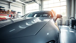 Installing PPF Chattanooga on a car, showcasing the film application process by technicians.