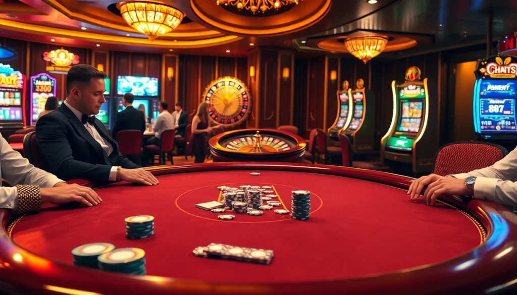 Players strategize at a C168 poker table in a vibrant casino atmosphere, showcasing excitement and luxury.