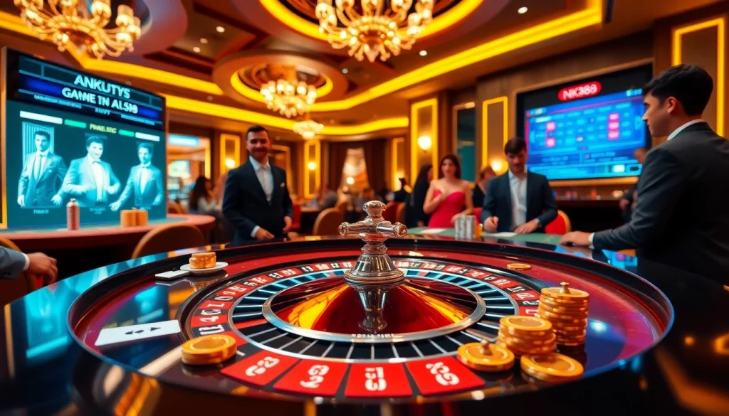 NK88 players engaging in a thrilling roulette game at a luxurious casino.