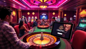 Engaging scene of players enjoying a thrilling OKKING đăng nhập experience at a luxurious casino table.