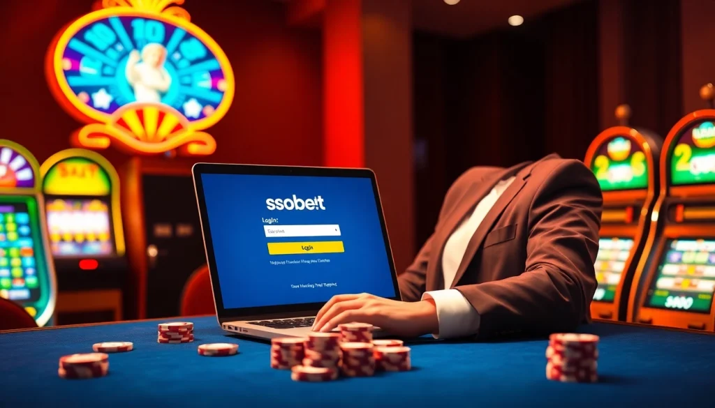 Sbobet login interface displayed on a sleek laptop amidst vibrant casino elements, capturing the essence of online sports betting.
