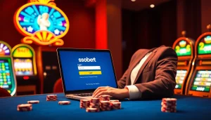 Sbobet login interface displayed on a sleek laptop amidst vibrant casino elements, capturing the essence of online sports betting.