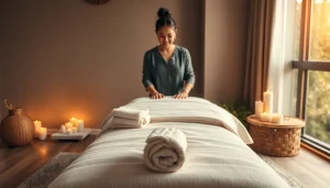 편안한 경험을 위한 아늑한 마사지 테이블, 분위기 있는 조명, 에센셜 오일이 구비된 출장마사지 세션 설정.