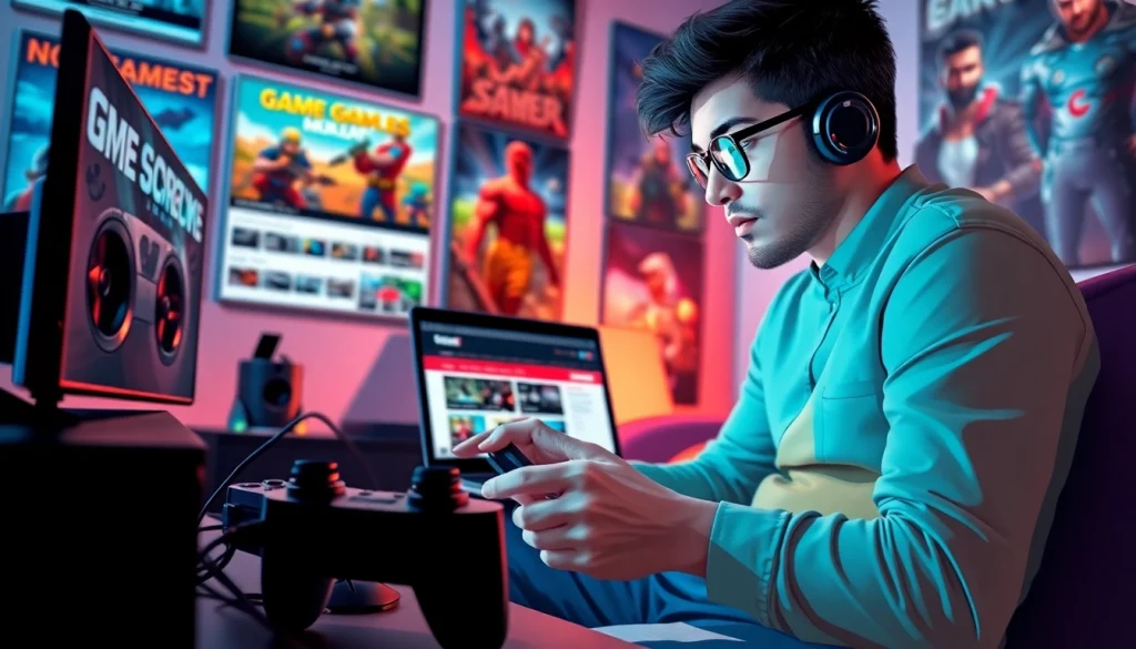 Passionate gamer thoughtfully reviewing game reviews on a laptop in a vibrant setup.