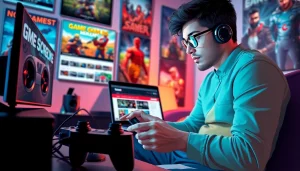 Passionate gamer thoughtfully reviewing game reviews on a laptop in a vibrant setup.