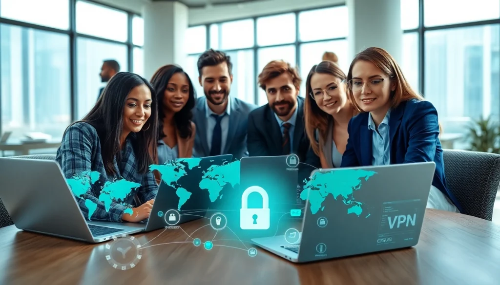 快连下载 showcasing a modern workspace with professionals connecting globally through advanced internet technology.