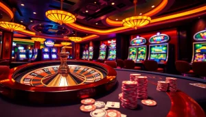 VMAX gaming scene with poker, roulette, and slot machines highlighting thrilling casino atmosphere.