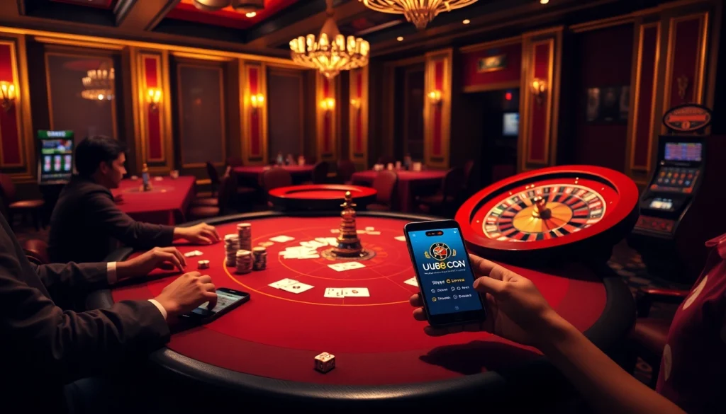 Experience thrilling gambling action at uu88 con with a vibrant casino scene featuring poker and roulette.