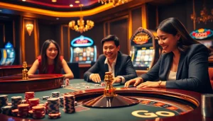 Enjoy an exciting game at Go99 casino featuring vibrant poker chips and a shining roulette wheel.