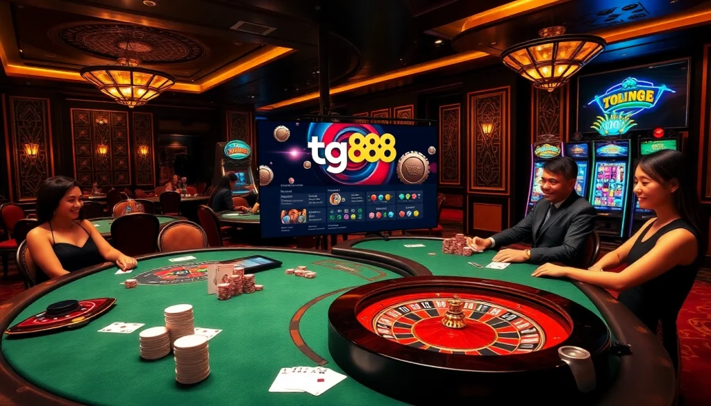 Engage in thrilling gameplay at tg88 with poker chips, cards, and a glowing roulette wheel.