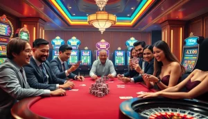 Engaging poker players at an upscale online casino representing 79king com with vibrant slot machines.