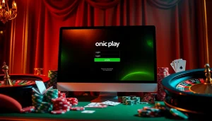 Check the onicplay login page amidst vibrant casino props for an engaging gambling experience.