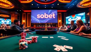 Experience sbobet gaming excitement at a luxurious casino table filled with vibrant poker chips and cards.