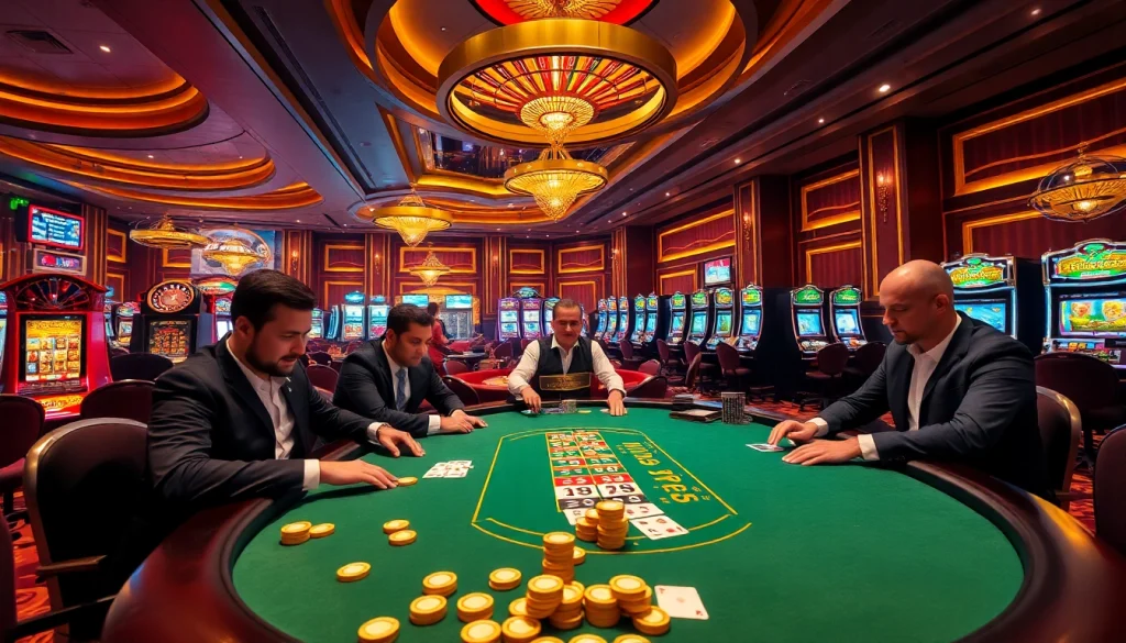 Exciting high-stakes poker game in a casino showcasing vn168, vibrant with colorful chips and cards.