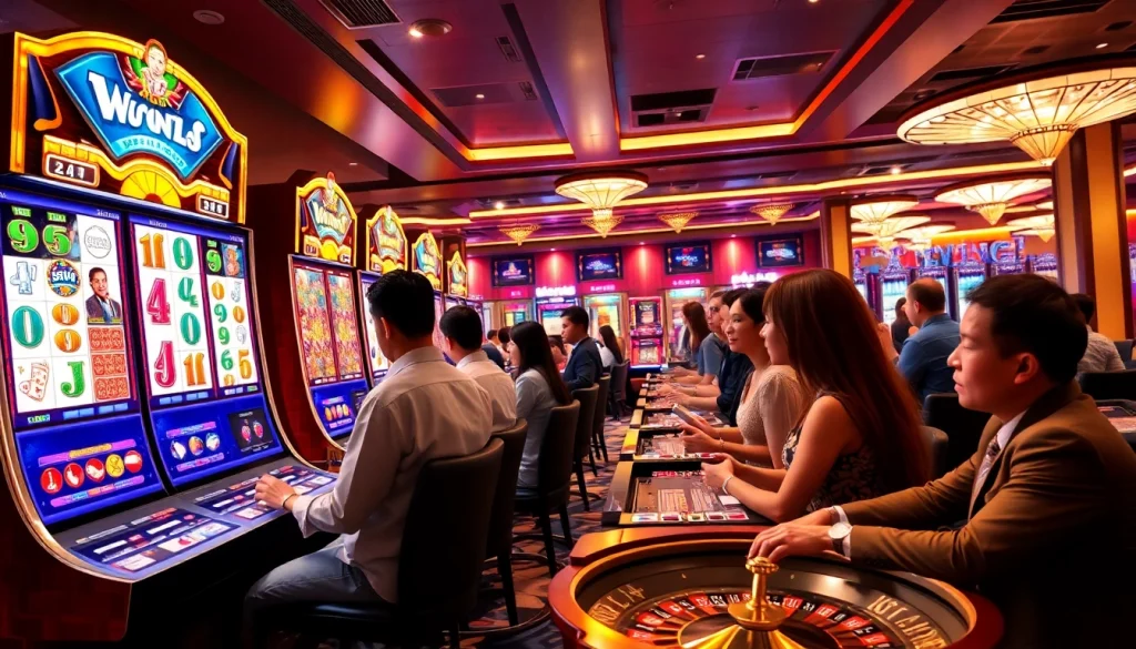 Players enjoying a slot demo mahjong game in a luxurious casino setting, highlighting excitement and vibrant graphics.