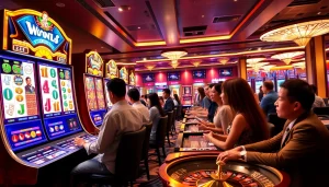 Players enjoying a slot demo mahjong game in a luxurious casino setting, highlighting excitement and vibrant graphics.