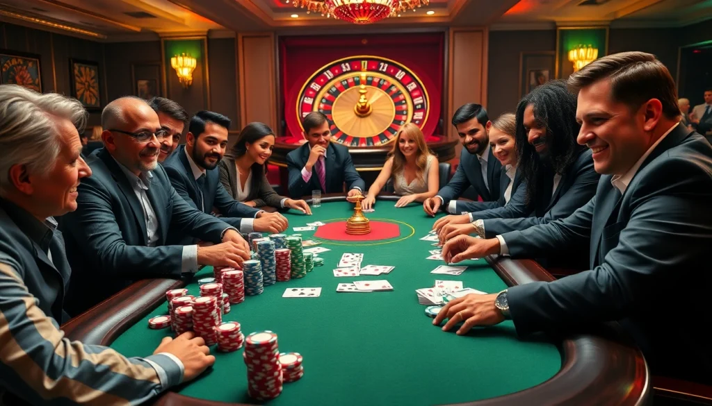 Intense poker game in a luxurious casino setting with vibrant chips and winning cards.