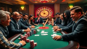 Intense poker game in a luxurious casino setting with vibrant chips and winning cards.