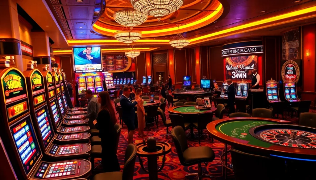 Gamblers enjoying gameplay at 33WIN casino with vibrant lights and excitement.