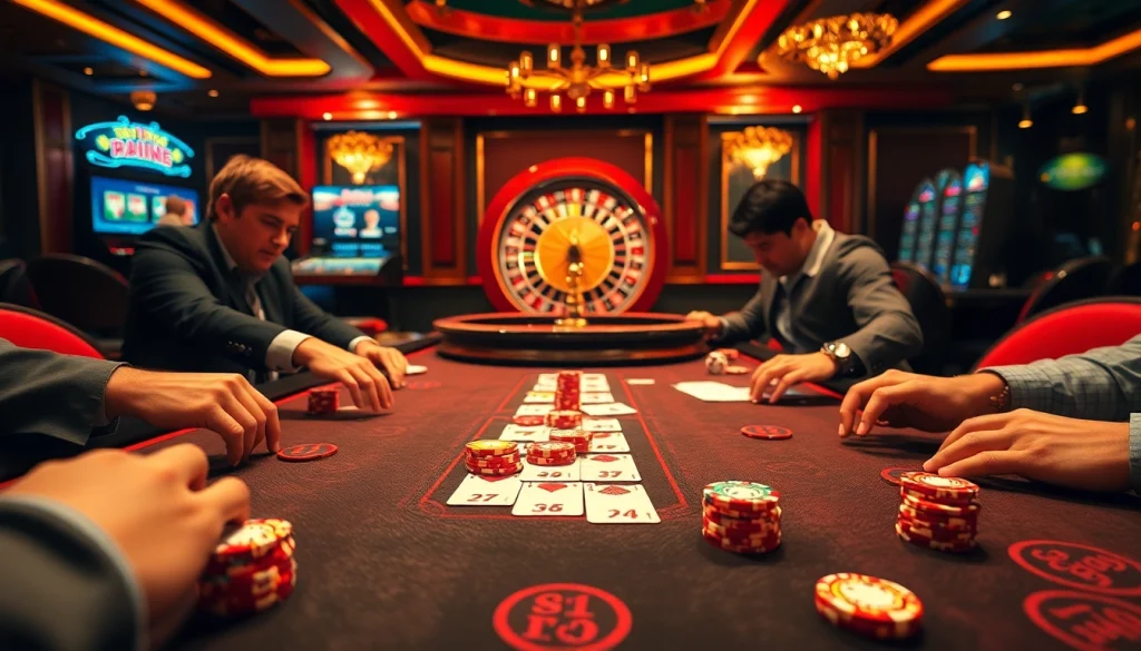 Intense poker game at a luxurious casino table showcasing the excitement of https:/sc88.bz/.