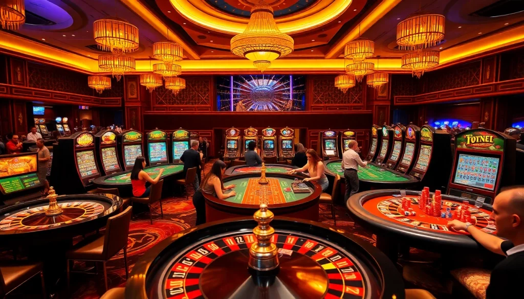 Gambling excitement at nhà cái 13Win with vibrant casino tables and players enjoying games.