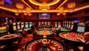 Gambling excitement at nhà cái 13Win with vibrant casino tables and players enjoying games.