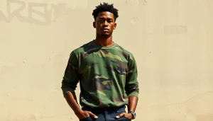 Katoen met legerprint kledingstyling in een stedelijke omgeving met een model.