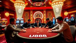 U888 casino players engage in a high-stakes poker game, showcasing excitement and luxury.