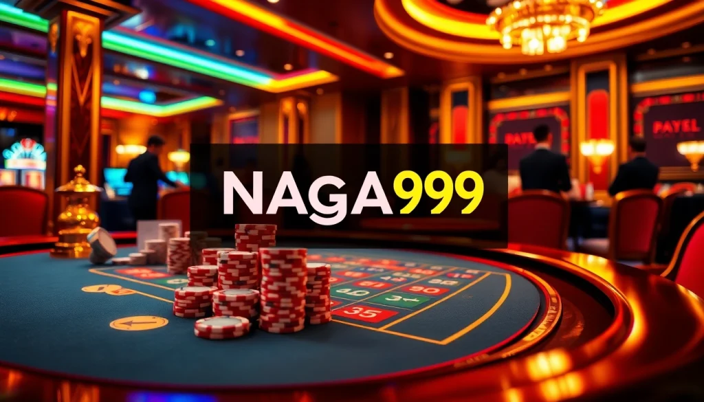 Naga99 showcases players enjoying a thrilling casino game with vibrant poker chips and an active roulette wheel.
